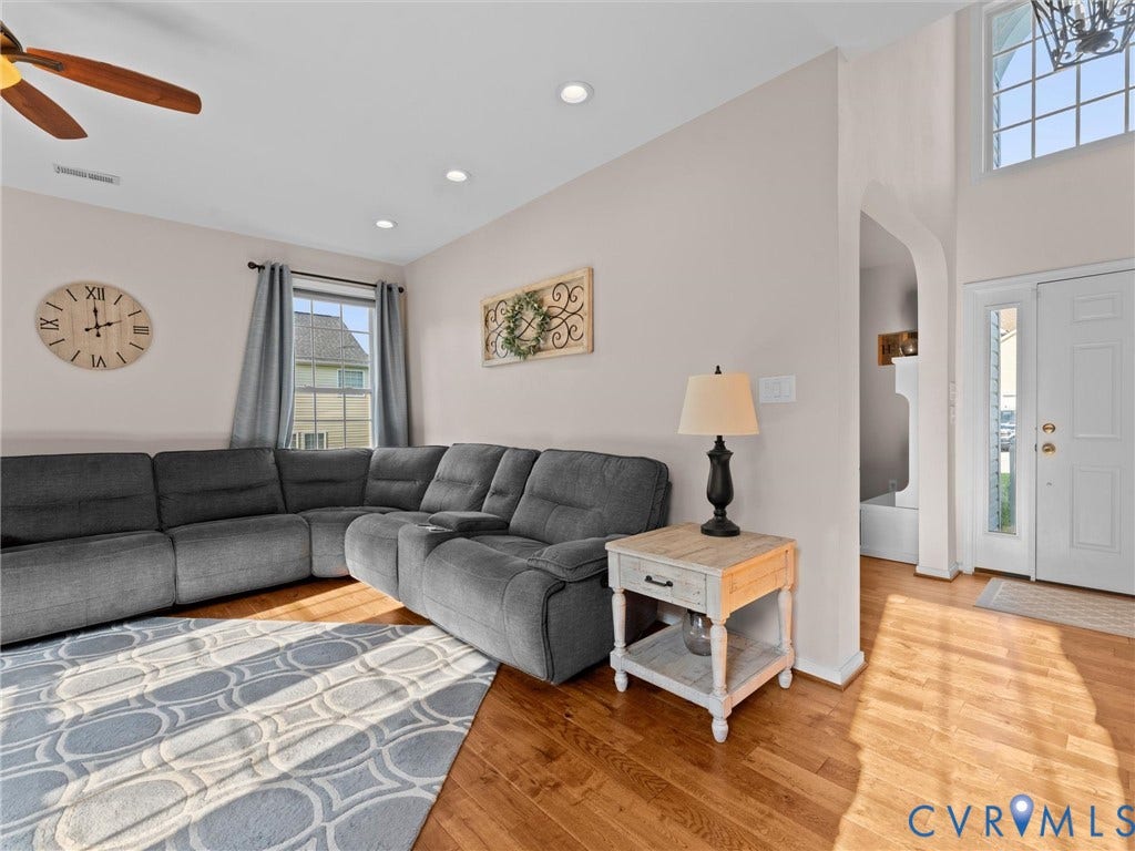 2606 Water Race Terrace, Watermill, Midlothian, VA 23112 Living area featuring rich wood-finish flooring, recessed lighting, and a ceiling fan