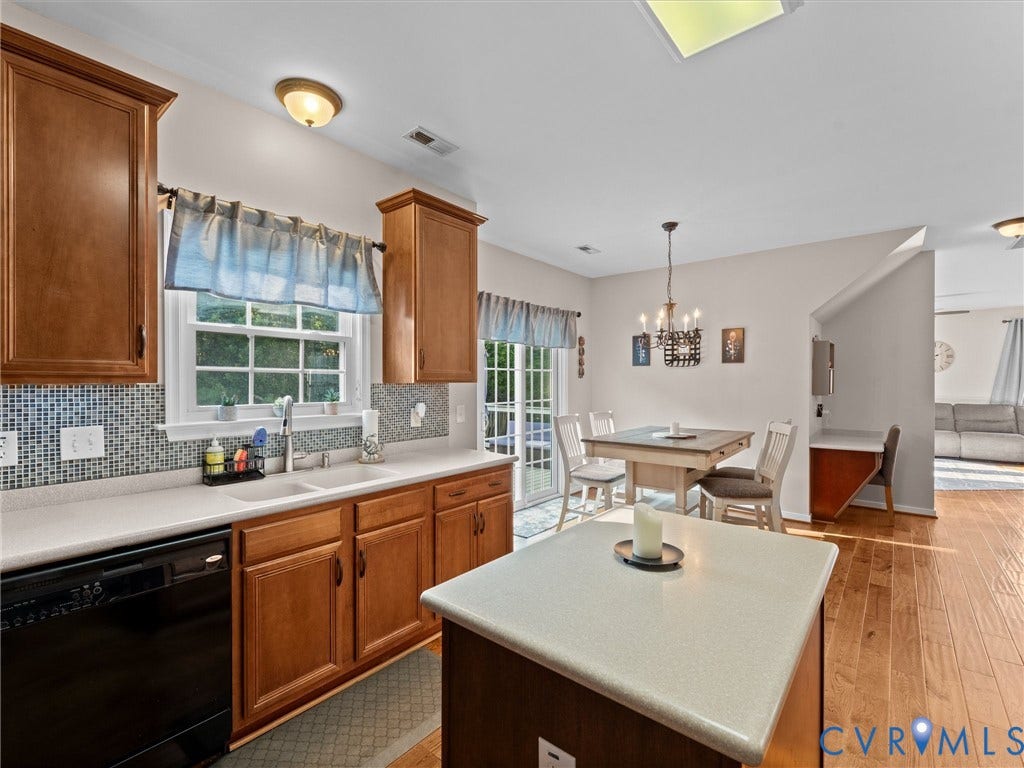 2606 Water Race Terrace, Watermill, Midlothian, VA 23112 Kitchen featuring wood-finish cabinetry, light countertops, mosaic tile backsplash, and a double basin sink