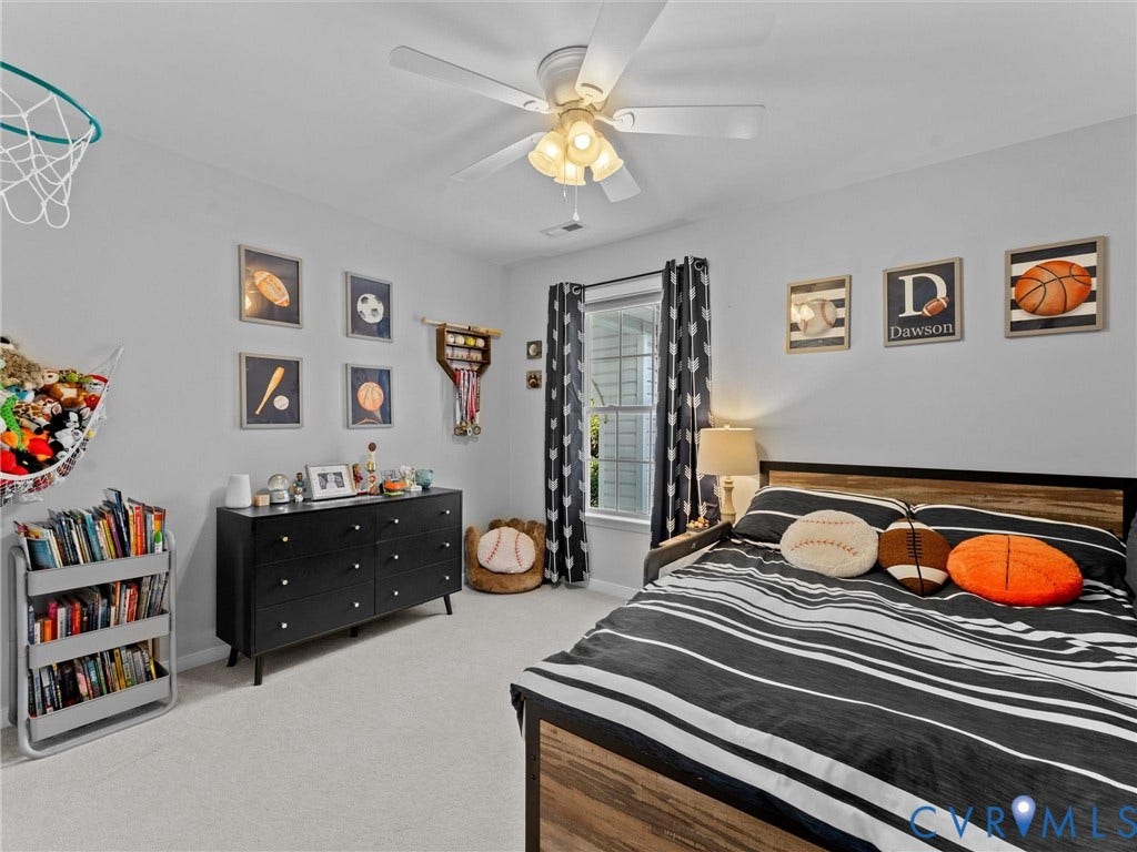 2606 Water Race Terrace, Watermill, Midlothian, VA 23112 Bedroom featuring light gray wall paint, a ceiling fan with integrated lighting, and light-colored carpet flooring