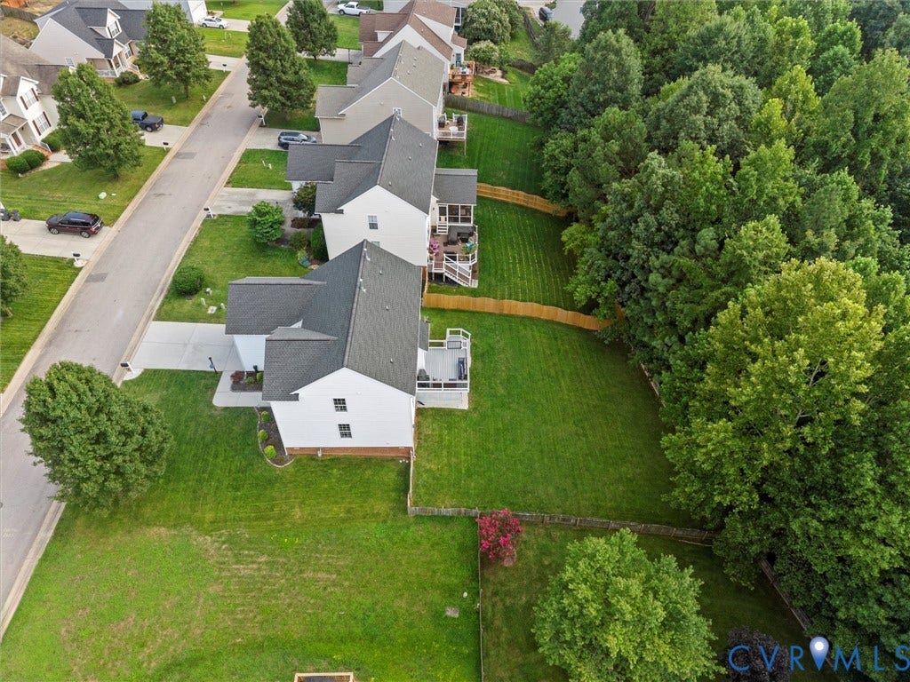 2606 Water Race Terrace, Watermill, Midlothian, VA 23112 Aerial perspective of a neighborhood street with multiple single-family homes, each featuring a private driveway, a green lawn, and a backyard