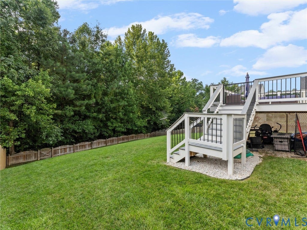 2606 Water Race Terrace, Watermill, Midlothian, VA 23112 Spacious backyard featuring a two-tier deck with white railings and black balusters, a privacy fence, and mature trees lining the property boundary