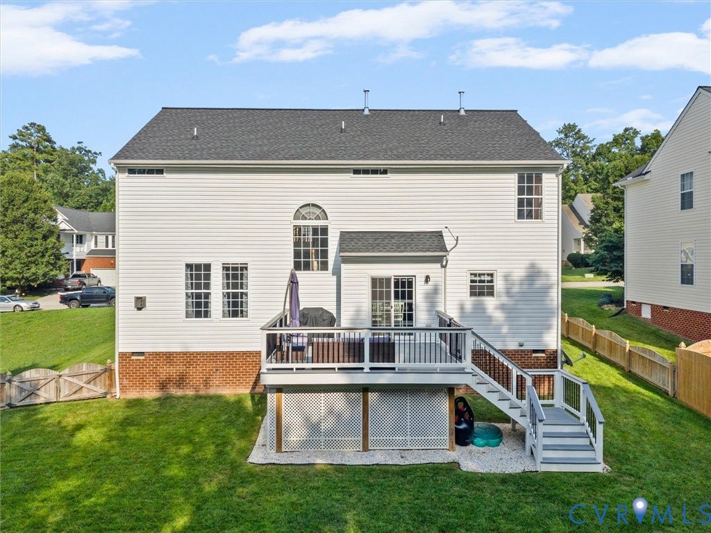 2606 Water Race Terrace, Watermill, Midlothian, VA 23112 Rear exterior featuring white siding, a dark shingle roof, and a multi-level deck with white railings
