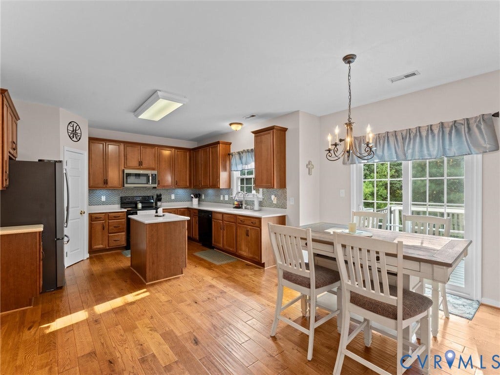 2606 Water Race Terrace, Watermill, Midlothian, VA 23112 Kitchen featuring wood-finish flooring, a central island, light-toned countertops, a full appliance suite, and a sliding glass door