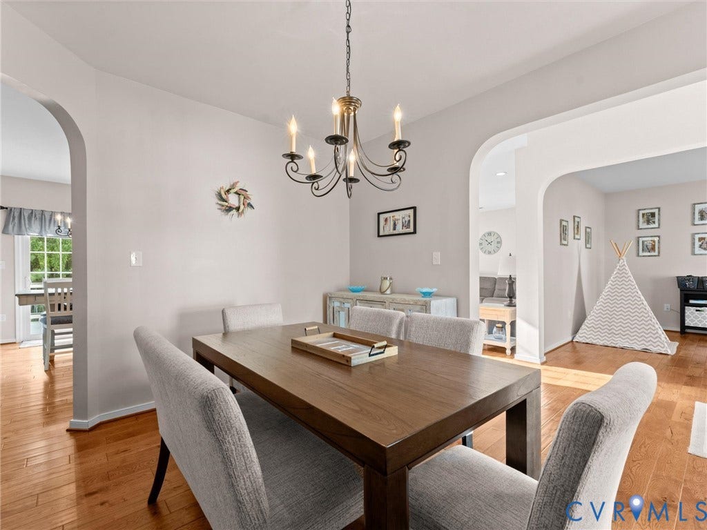 2606 Water Race Terrace, Watermill, Midlothian, VA 23112 Hardwood flooring extends throughout this space featuring arched doorways, a chandelier light fixture, and light gray wall paint