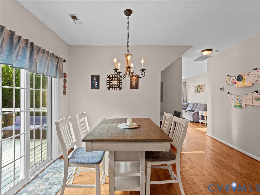 2606 Water Race Terrace, Watermill, Midlothian, VA 23112 Dining area featuring wood-finish flooring, a contemporary chandelier, and a sliding glass door providing direct access to an outdoor deck