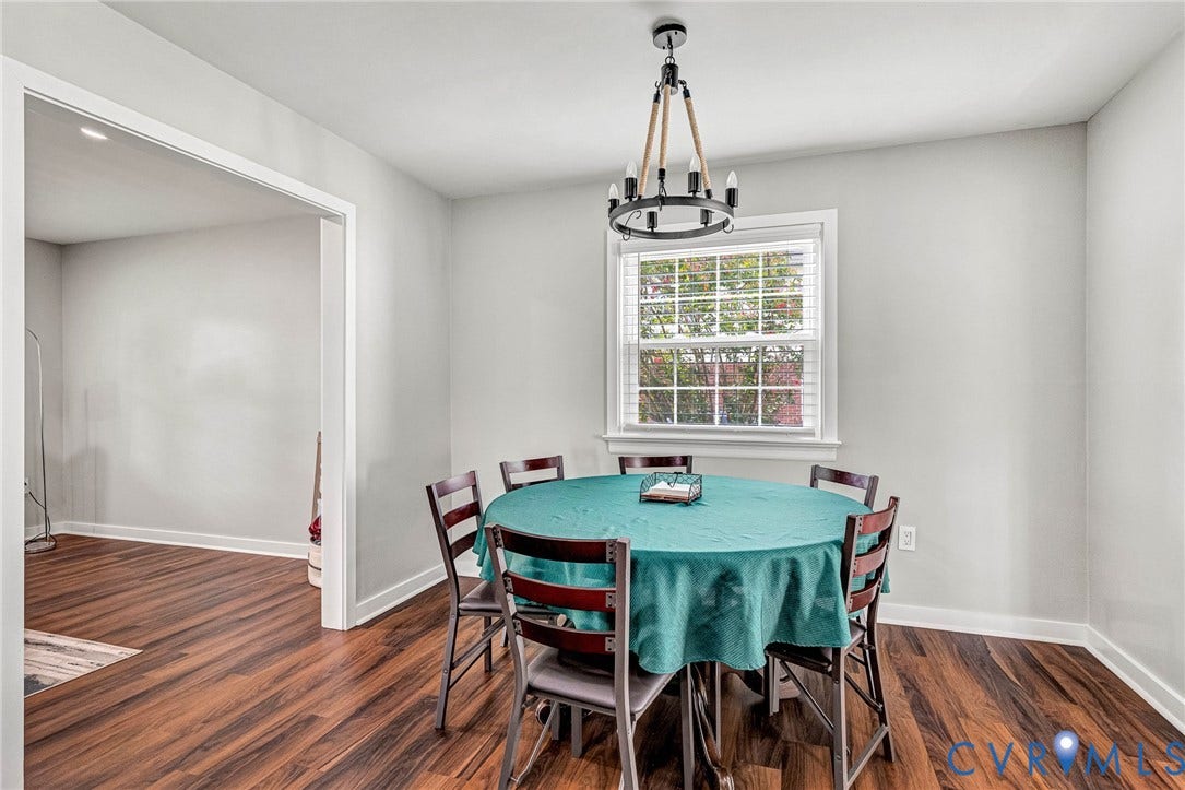 8318 Lydell Drive, Henrico, VA 23228 Wood-finish flooring throughout, bright window with blinds, and a contemporary chandelier