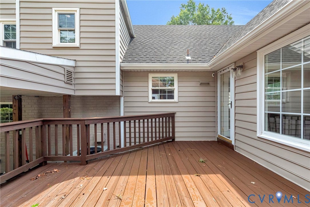 8318 Lydell Drive, Henrico, VA 23228 Expansive wood-finish deck with railing, siding exterior, multiple windows, and a glass-paneled door