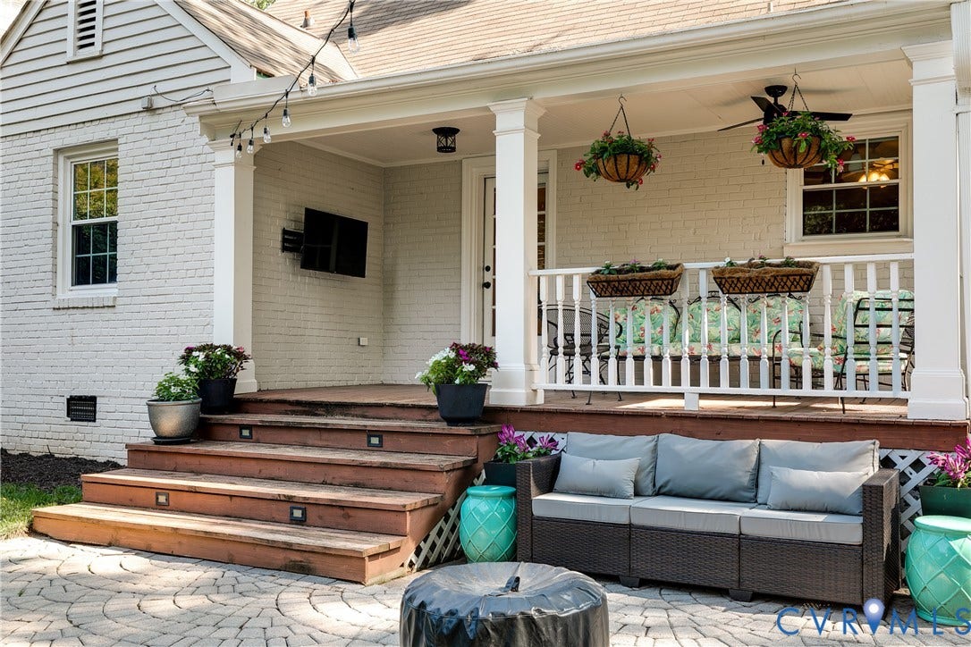 5204 Caledonia Road, Westover Hills, Richmond, VA 23225 Covered porch featuring a ceiling fan, recessed lighting, and white railings