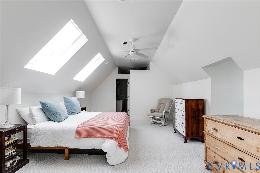 5204 Caledonia Road, Westover Hills, Richmond, VA 23225 Sloped ceilings featuring two skylights, a ceiling fan, and light-toned carpeting