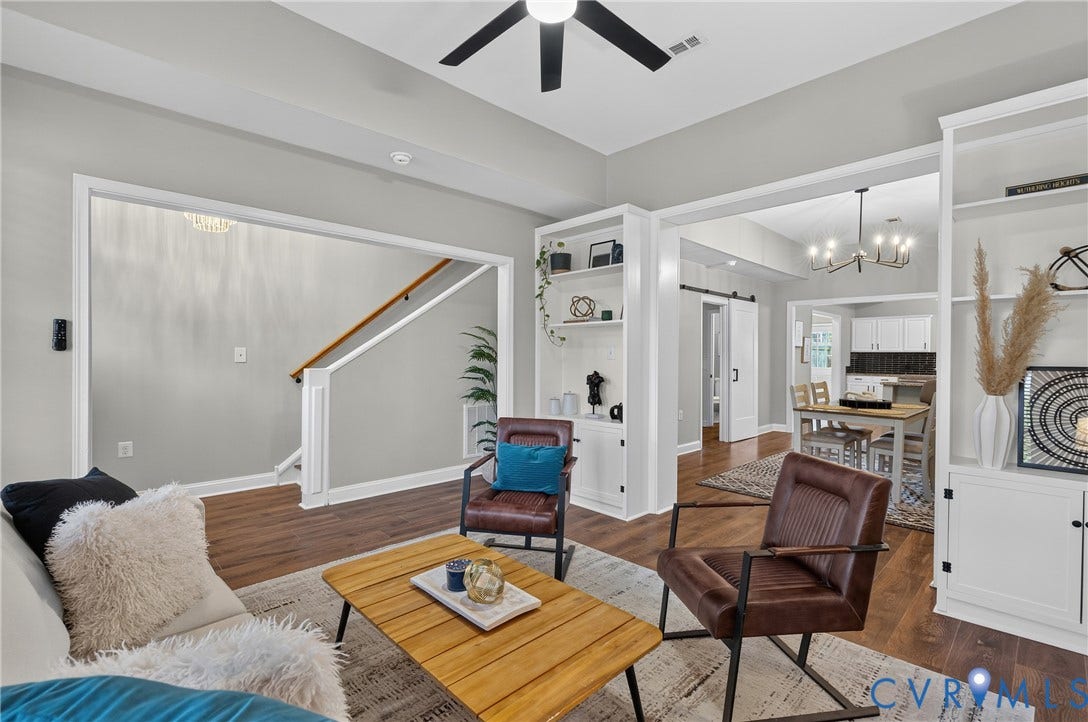 526 N 33rd Street, Church Hill, Richmond, VA 23223 Vaulted ceiling with a ceiling fan, LVP-finish flooring, built-in shelving,