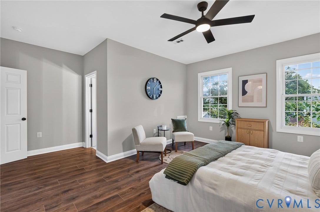 526 N 33rd Street, Church Hill, Richmond, VA 23223 Wood-finish flooring, white trim, dual windows, and ceiling fan with integrated lighting