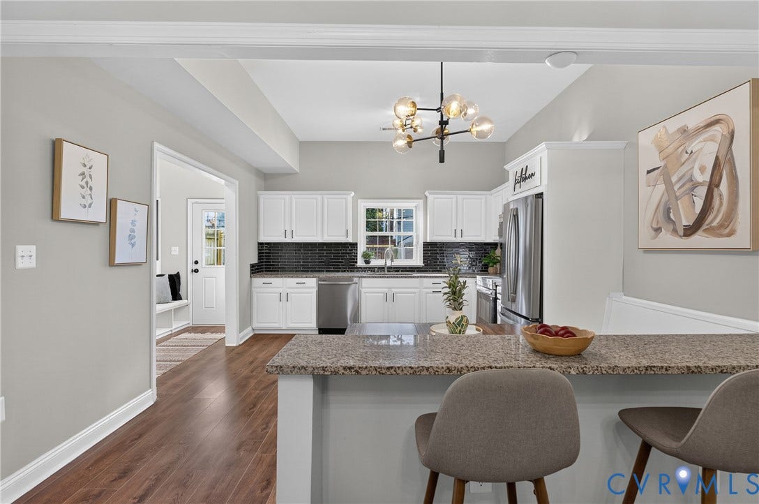 526 N 33rd Street, Church Hill, Richmond, VA 23223 Kitchen featuring white cabinetry, stainless steel appliances, dark subway tile backsplash, granite countertops, and wood-finish flooring