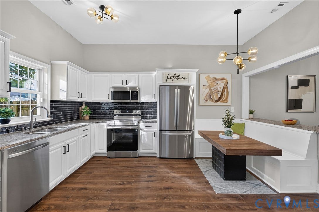 526 N 33rd Street, Church Hill, Richmond, VA 23223 High vaulted ceiling, LVP-finish flooring, white cabinetry with black hardware, stainless steel appliances, and a dark tile backsplash
