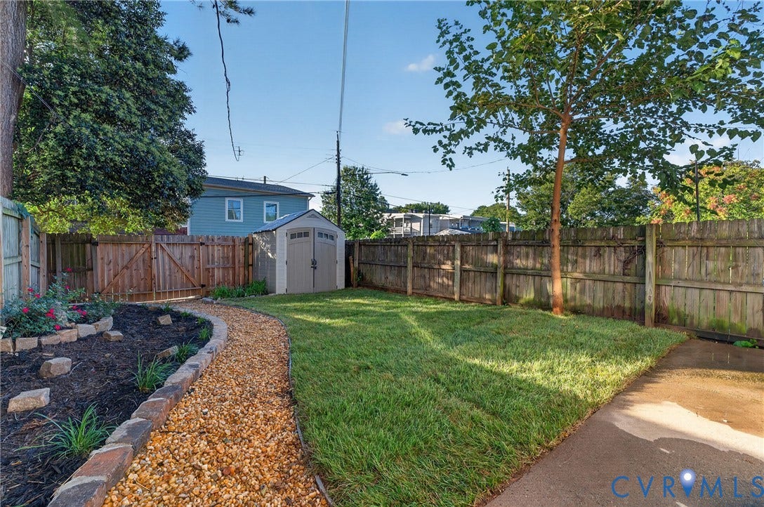 526 N 33rd Street, Church Hill, Richmond, VA 23223 Fenced backyard featuring a gravel pathway, raised garden bed, and a storage shed