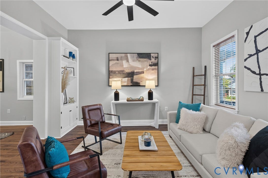 526 N 33rd Street, Church Hill, Richmond, VA 23223 LVP-finish flooring, built-in shelving, ceiling fan, and window with blinds