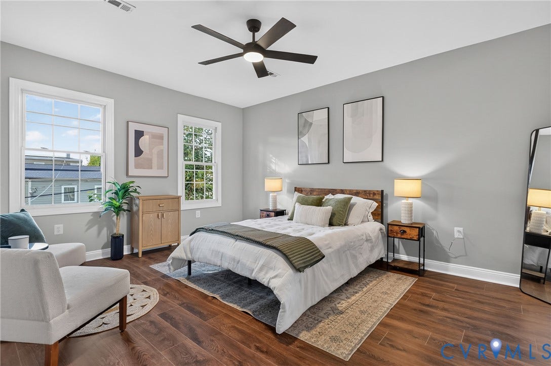 526 N 33rd Street, Church Hill, Richmond, VA 23223 LVP-finish flooring, light gray walls, two windows, and a ceiling fan with integrated lighting