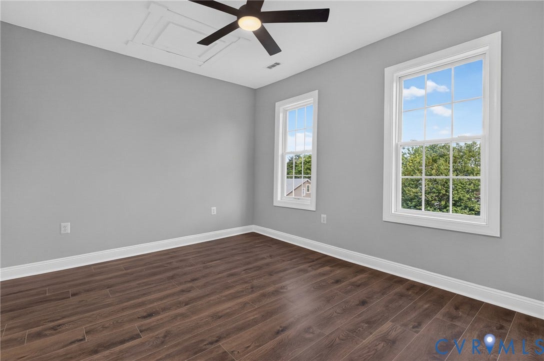 526 N 33rd Street, Church Hill, Richmond, VA 23223 Bedroom #3, LVP-finish flooring, two double-hung windows, ceiling fan, and access panel