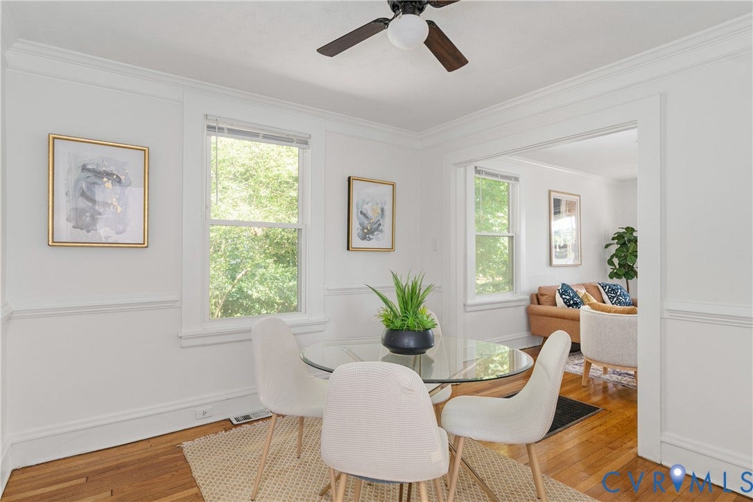3401 Rosewood Avenue, Carytown, Richmond, VA 23221 Dining area featuring wood-finish flooring, white paneled walls, crown molding, and a ceiling fan