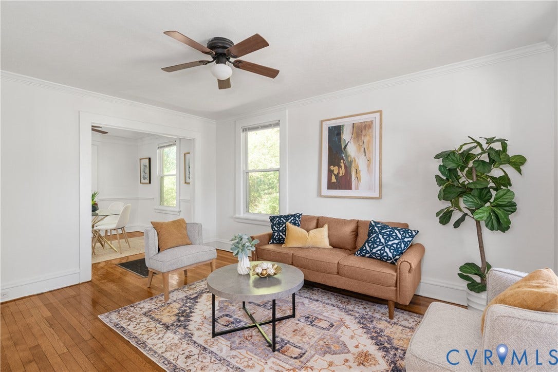 3401 Rosewood Avenue, Carytown, Richmond, VA 23221 Bright living area featuring wood-finish flooring, white walls, and a ceiling fan