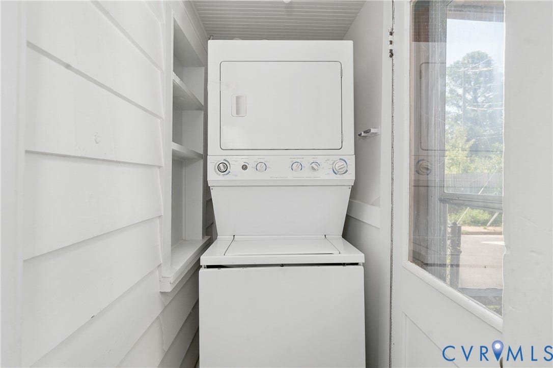 3401 Rosewood Avenue, Carytown, Richmond, VA 23221 Stackable laundry appliances with built-in shelving and white shiplap-style wall paneling