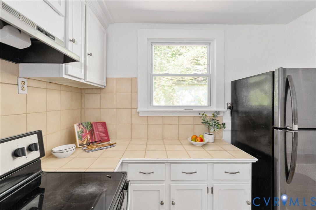 3401 Rosewood Avenue, Carytown, Richmond, VA 23221 Kitchen featuring white cabinetry, tile countertops, tile backsplash, and a window