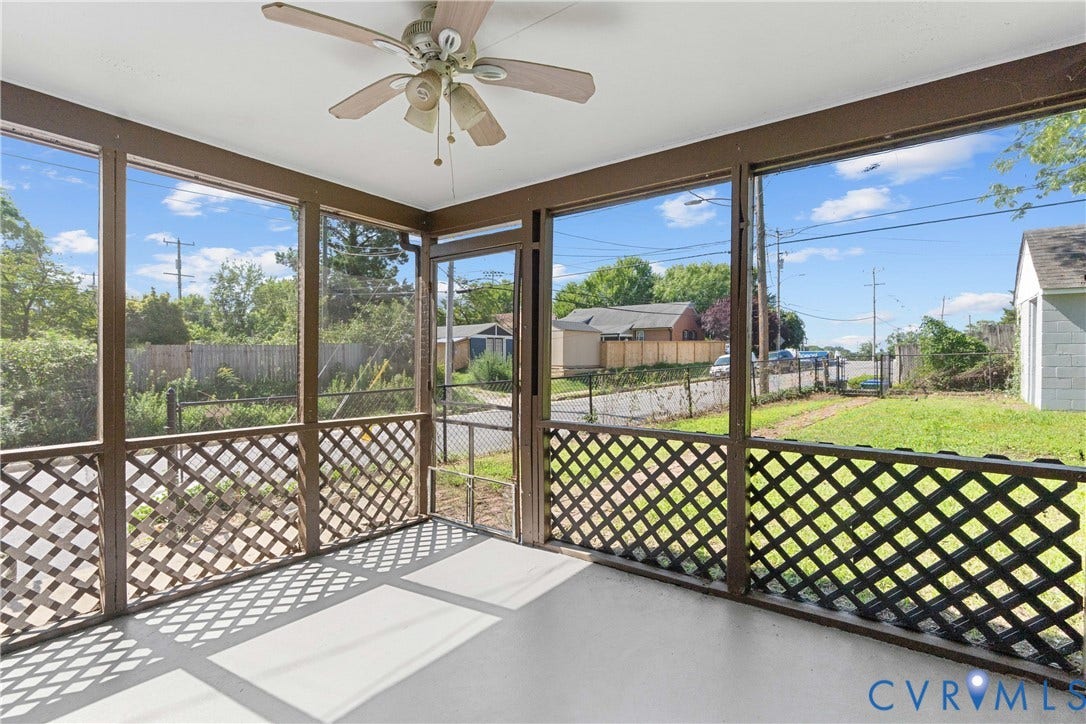 3401 Rosewood Avenue, Carytown, Richmond, VA 23221 Screened porch featuring a ceiling fan, lattice detailing, and a concrete floor