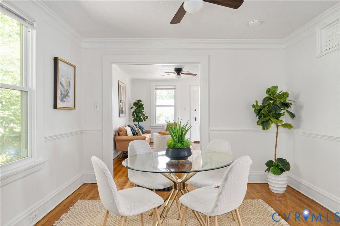 3401 Rosewood Avenue, Carytown, Richmond, VA 23221 Open dining area featuring wood-finish flooring, white paneled wainscoting, crown molding, and a ceiling fan