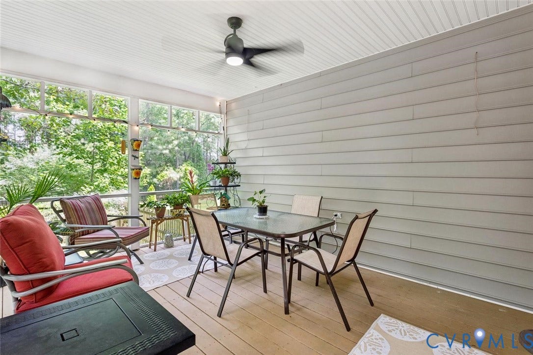6001 Olde Hartley Place, Glen Allen, VA 23060 Screened porch featuring a ceiling fan, light wood-finish flooring, and horizontal plank wall paneling