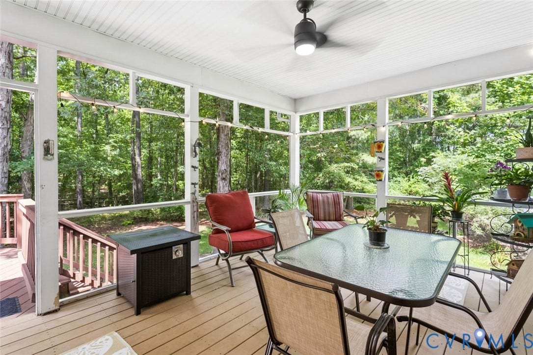 6001 Olde Hartley Place, Glen Allen, VA 23060 Screened porch with wood-finish decking, ceiling fan, and extensive natural light