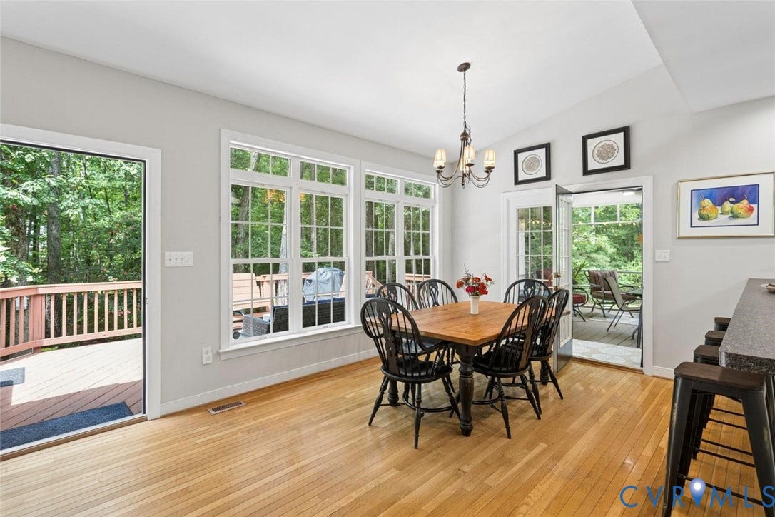 6001 Olde Hartley Place, Glen Allen, VA 23060 Hardwood flooring, abundant natural light, vaulted ceiling, multi-panel windows, and direct access to an outdoor deck