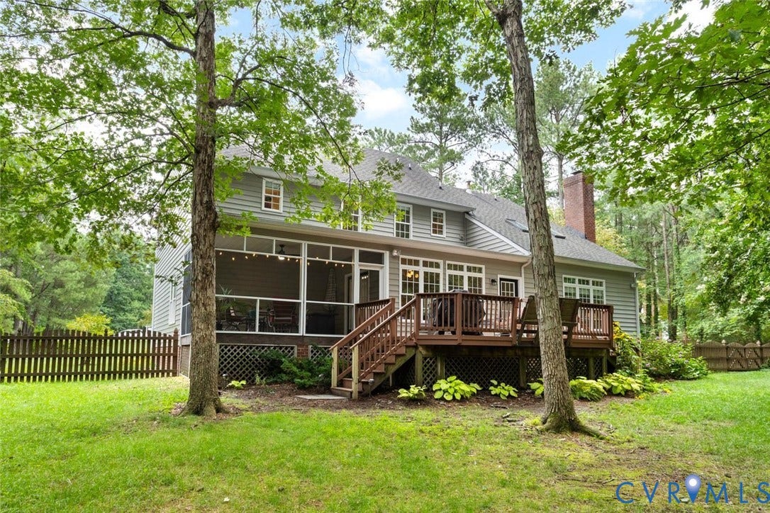 6001 Olde Hartley Place, Glen Allen, VA 23060 Expansive wood deck, screened porch, fenced backyard, brick chimney, and mature trees