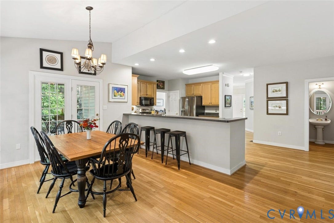 6001 Olde Hartley Place, Glen Allen, VA 23060 Hardwood flooring throughout, kitchen with wood-finish cabinetry, recessed lighting, and a breakfast bar