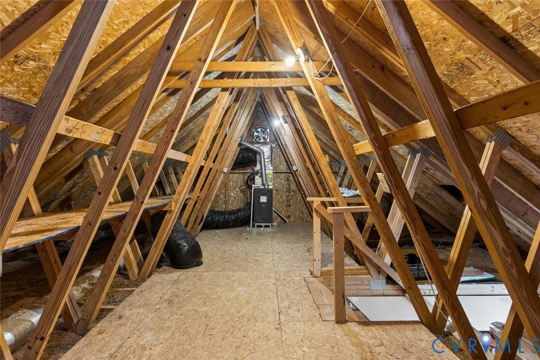 6001 Olde Hartley Place, Glen Allen, VA 23060 Unfinished attic space featuring exposed wood framing, oriented strand board subflooring, and an installed HVAC unit