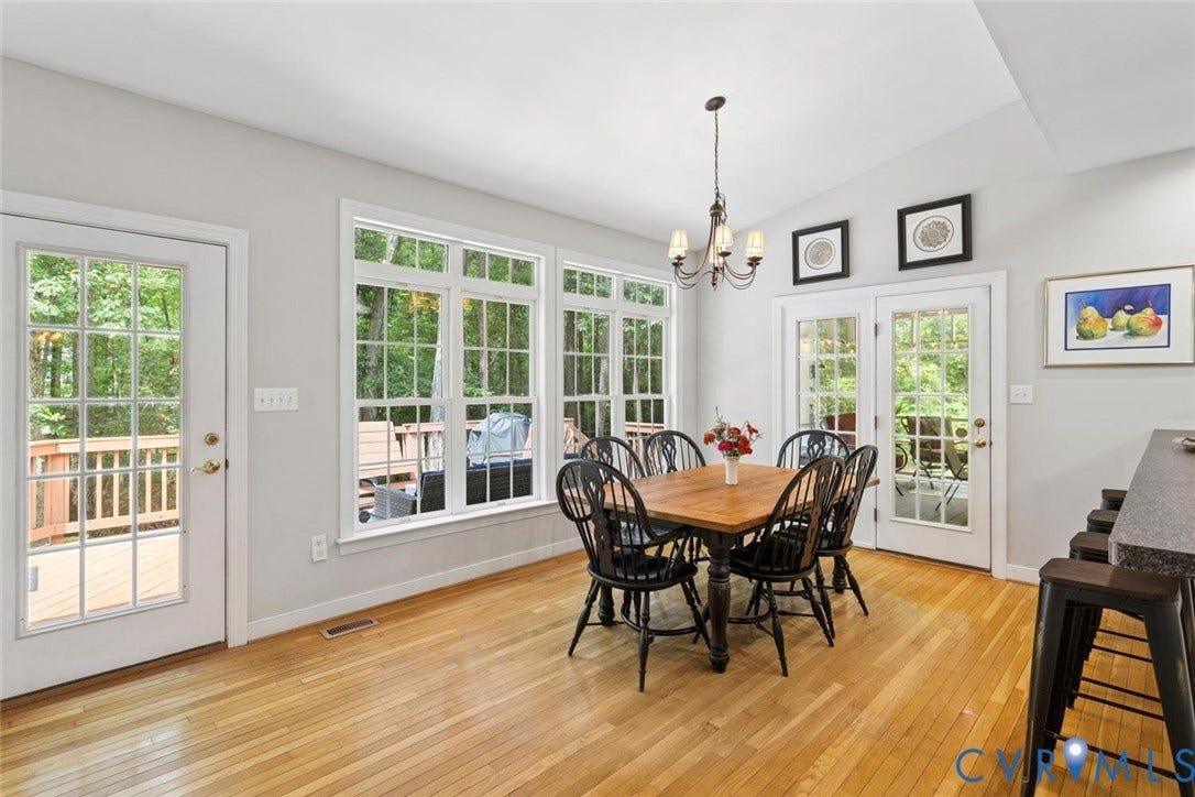 6001 Olde Hartley Place, Glen Allen, VA 23060 Vaulted ceiling with a chandelier, wood-finish flooring, and multiple transom windows