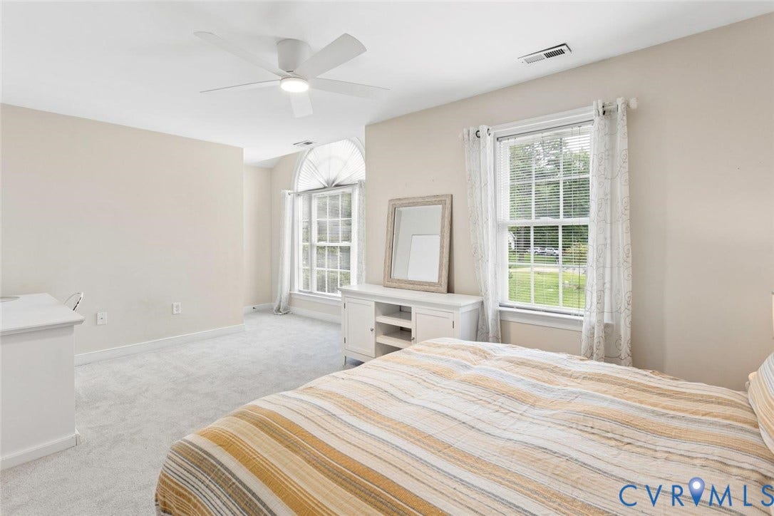 6001 Olde Hartley Place, Glen Allen, VA 23060 Plush carpeting, ceiling fan with integrated lighting, multiple windows, and an arched transom window