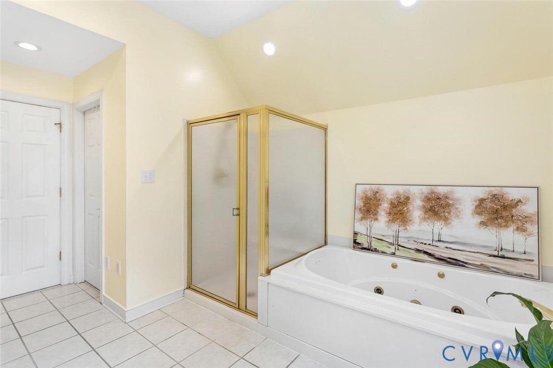 6001 Olde Hartley Place, Glen Allen, VA 23060 Jetted bathtub, enclosed shower with gold-tone framing, recessed lighting, and tile flooring