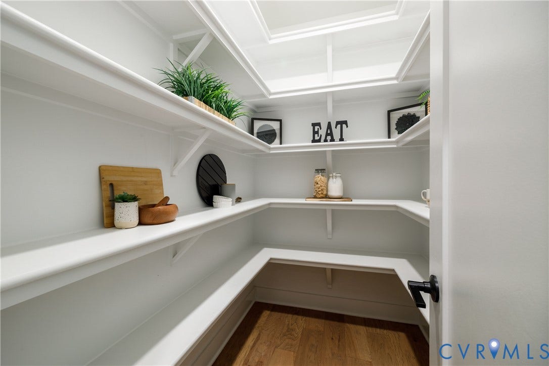 Walk-in pantry featuring white shelving, a wood-finish floor, and a ceiling light panel