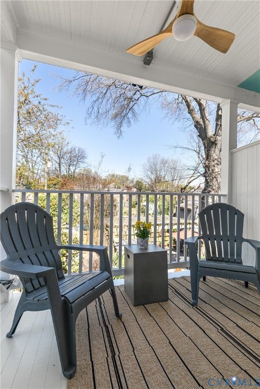 3142 Floyd Avenue, Museum District, Richmond, VA 23221 Covered porch featuring a beadboard ceiling, overhead fan with wood-finish blades, white painted wood flooring, and a white railing system