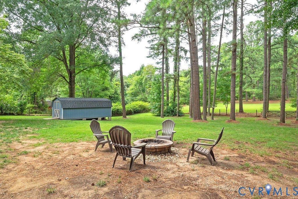 Firepit, Detached 10x20 shed, view of backyard