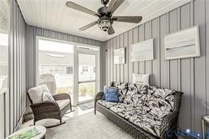7225 Lyon Taylor Lane, The Groves At New Kent, New Kent, VA 23124 Sunroom featuring vertical paneling, a white paneled ceiling, and a ceiling fan