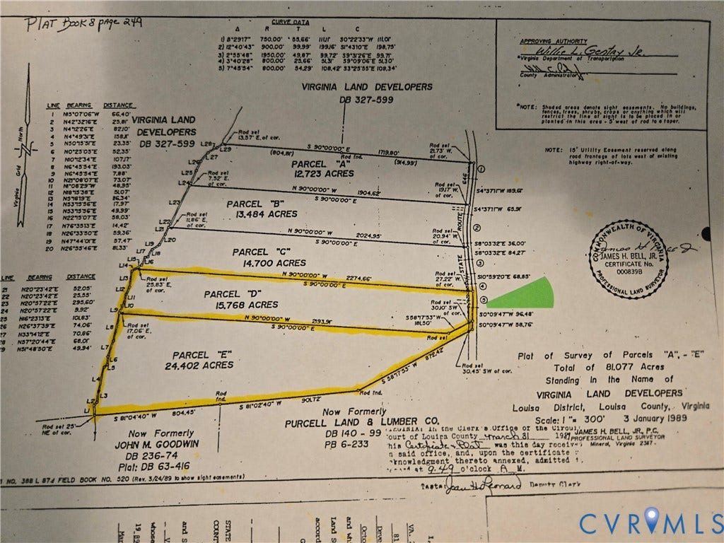 000 Yanceyville Road, Louisa, VA 23093 Plat of Survey. Detailing the surveyed parcels and their acreage within the property