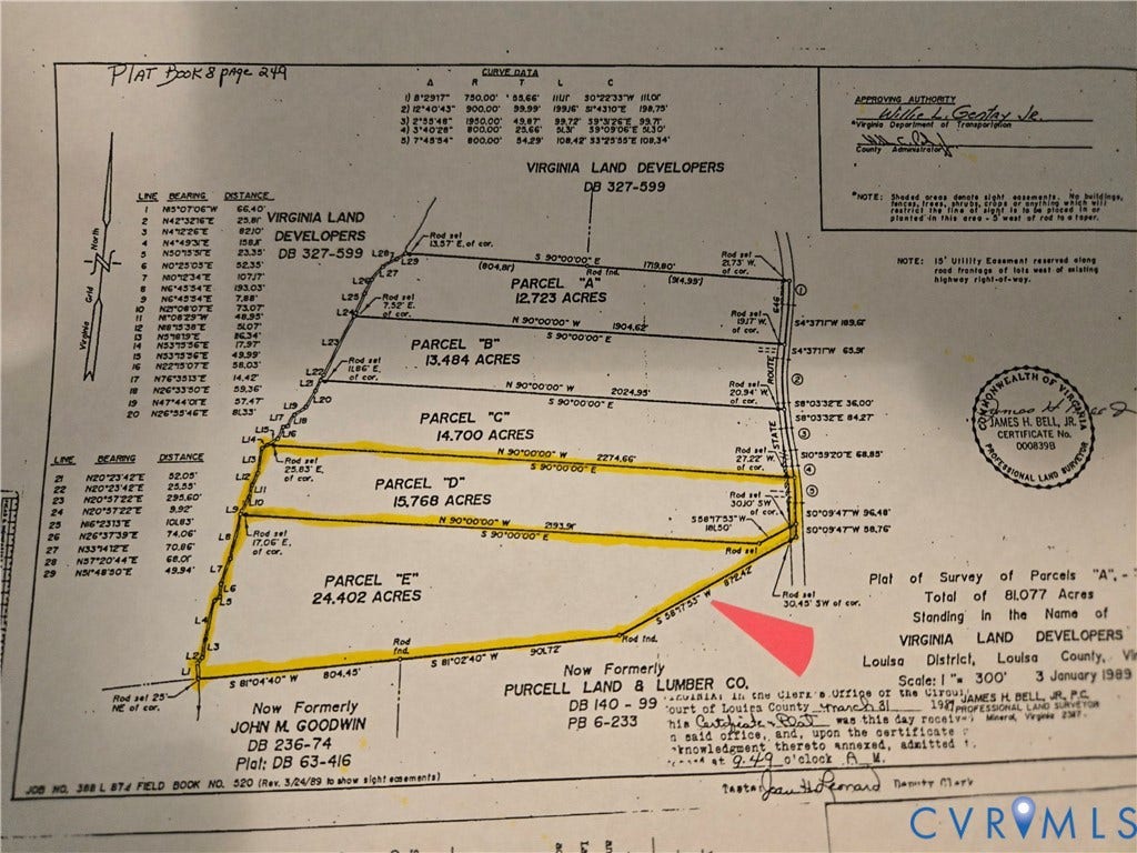 000 Abb Morris Road, Louisa, VA 23093 Plat of Survey. Illustrating property divisions and area measurements for multiple parcels