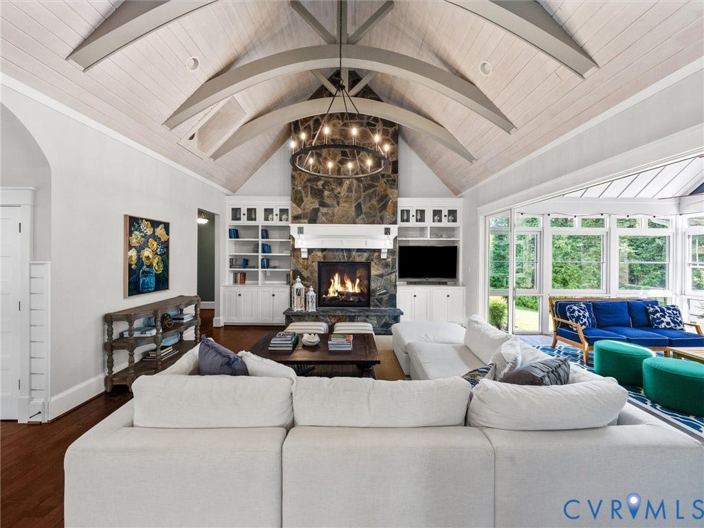 2337 Cheverton Lane, Hallsley, Midlothian, VA 23112 Family room w/ floor to ceiling gas fireplace and incredbile wood ceiling detail