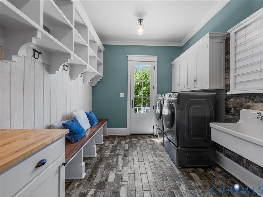 2337 Cheverton Lane, Hallsley, Midlothian, VA 23112 mudrom and laundry room w/ access to garage, rear staircase, and side door to porch