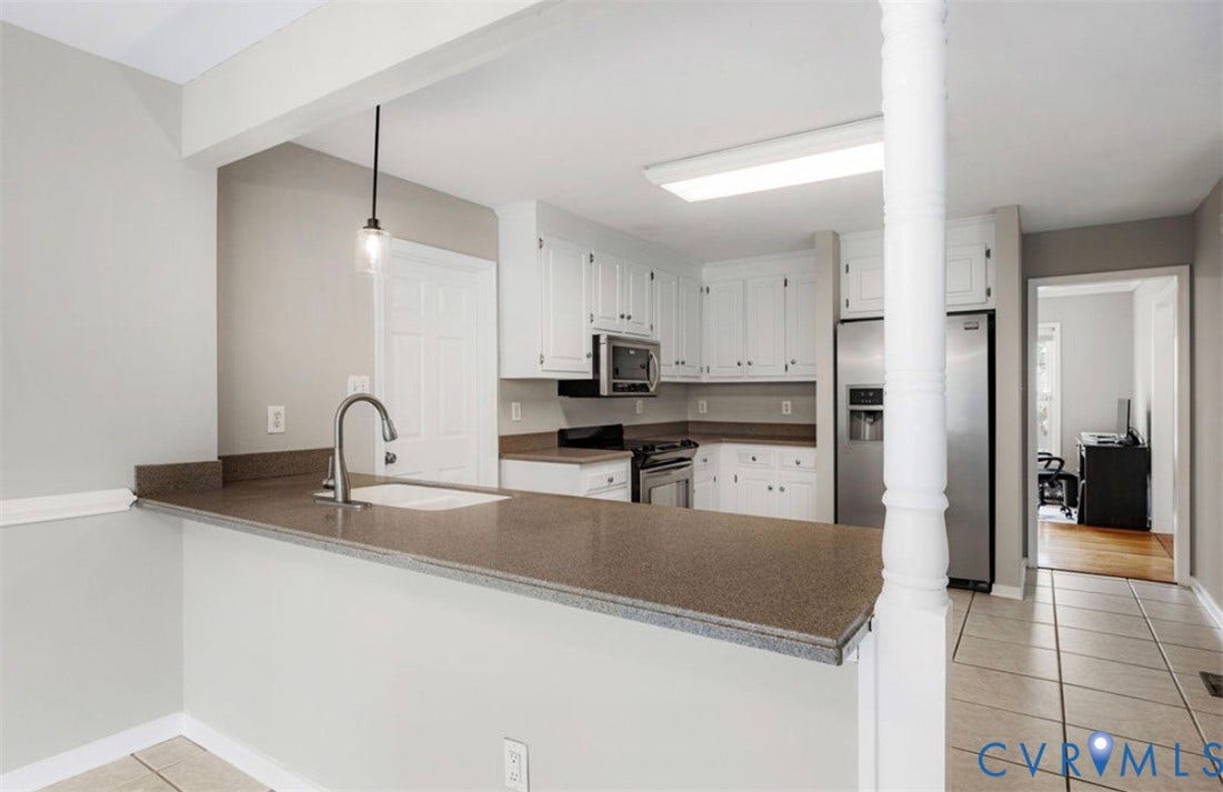 2912 Appleford Drive, Longmeadow, Chester, VA 23831 Kitchen featuring stainless steel appliances, white cabinetry, a built-in microwave, a deep basin sink, and a peninsula with a stone countertop