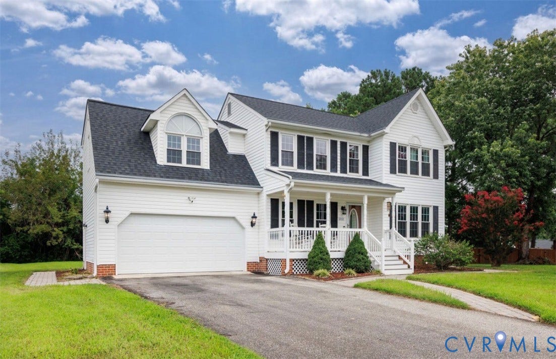 2912 Appleford Drive, Longmeadow, Chester, VA 23831 White two-story residence featuring a dark shingle roof, black louvered shutters, and a covered porch with white railings
