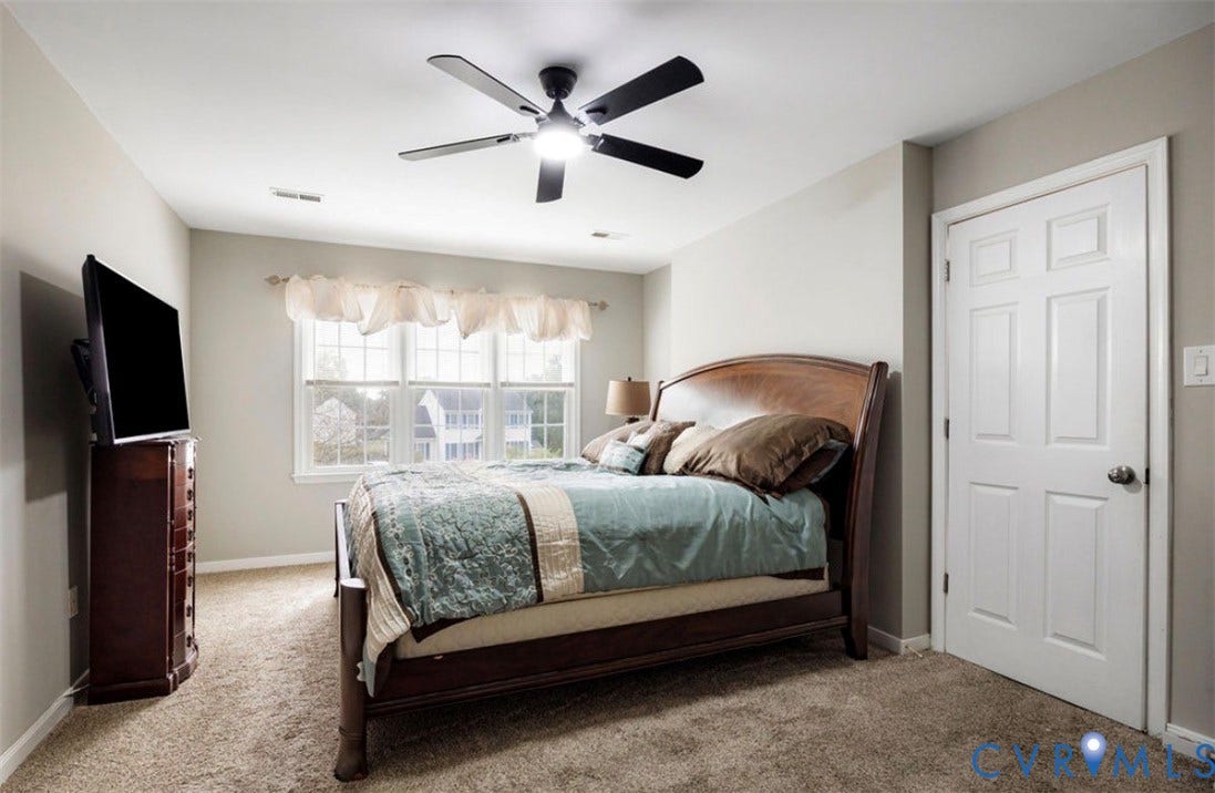 2912 Appleford Drive, Longmeadow, Chester, VA 23831 Carpeted flooring, multi-pane window, flush-panel door, and a ceiling fan with integrated lighting