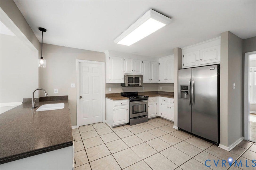 2912 Appleford Drive, Longmeadow, Chester, VA 23831 Kitchen featuring white cabinetry, stainless steel appliances, a bar-height counter with an undermount sink, and tiled flooring