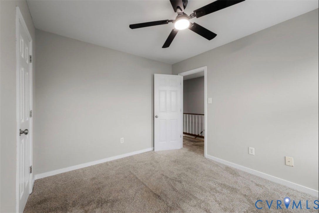 2912 Appleford Drive, Longmeadow, Chester, VA 23831 Neutral tone wall color, textured carpeting, crisp white trim, white paneled door, and a ceiling fan with integrated lighting