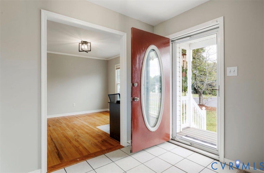 2912 Appleford Drive, Longmeadow, Chester, VA 23831 Entryway featuring square tile flooring and a red front door with an oval glass insert